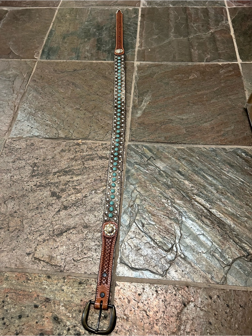 Decorative Brown Leather Belt with Turquoise & Rhinestone Accents, Size 32. - Picture 2 of 7